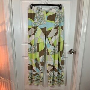 Chico's Geometric Wide-Leg Pants in Green, Brown, Blue & White